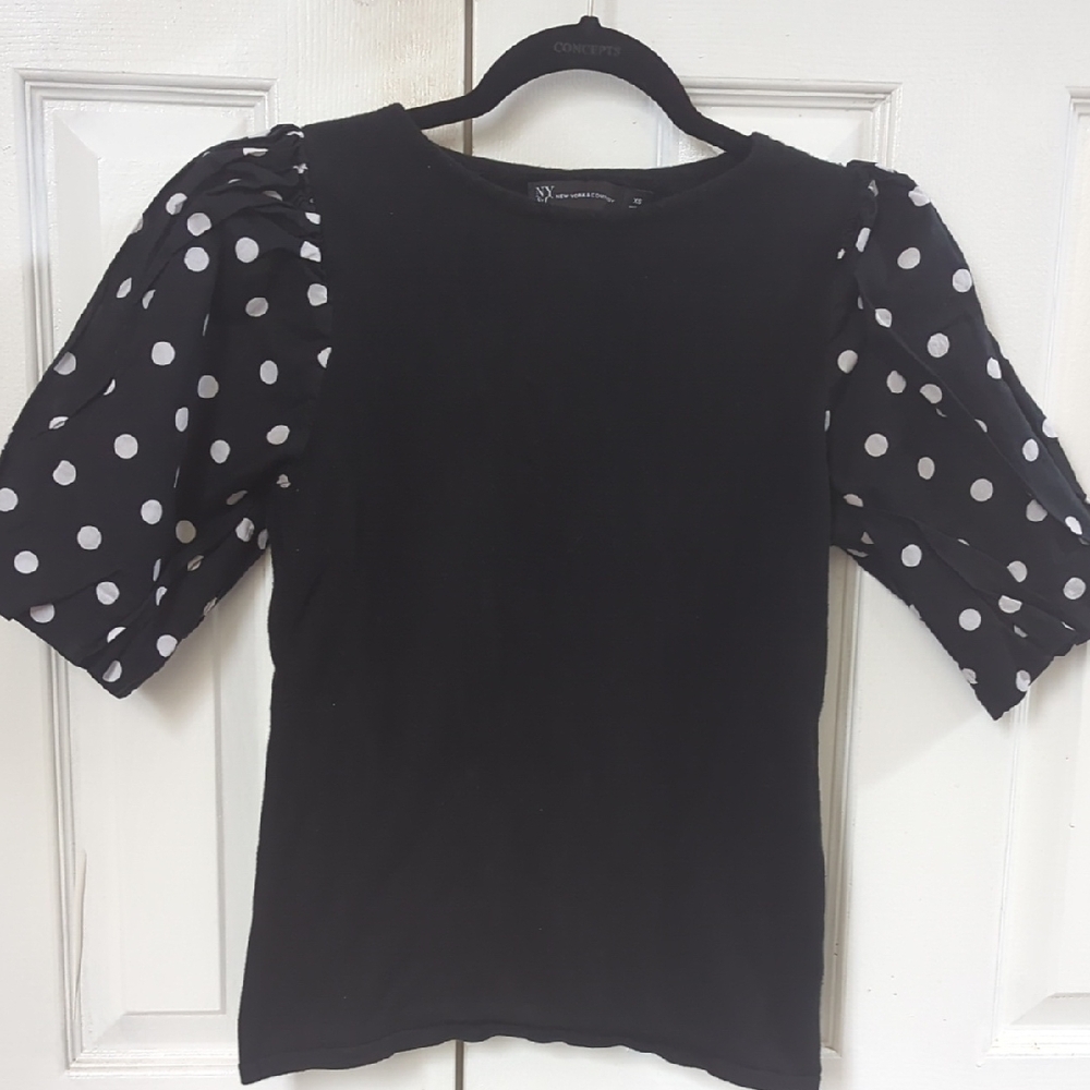 NY&C New York & Company Black Knit And Polka Dot Puff Sleeve Blouse